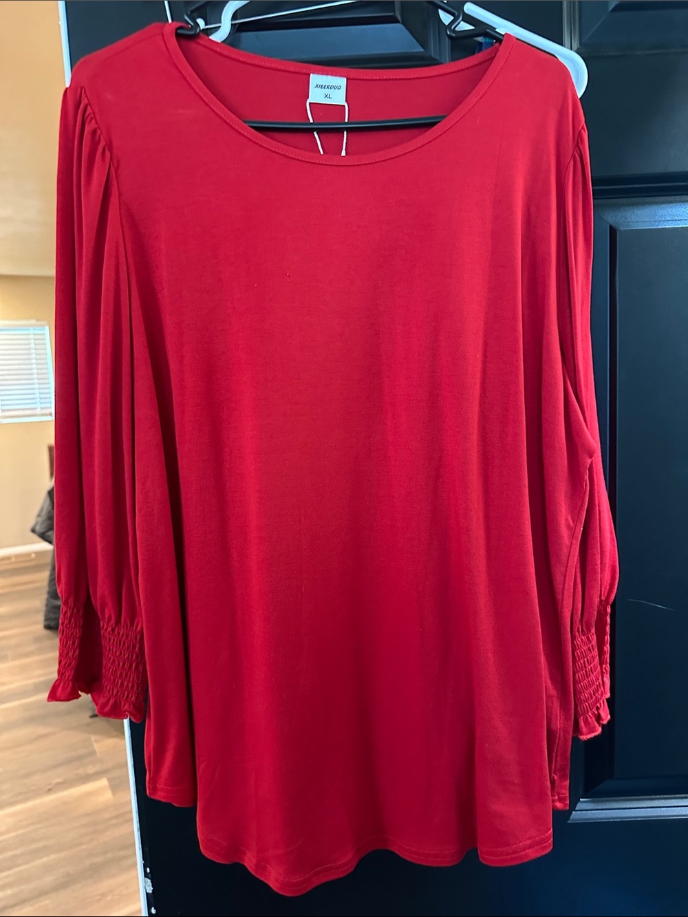 Red Smocked-Sleeve Scoop Neck Tunic - Avenue